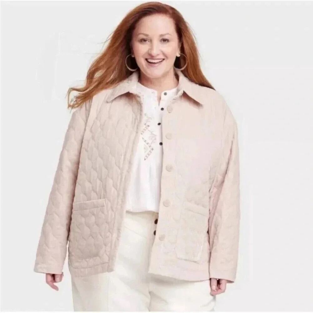 Knox‎ Rose Womens Jacket Cream Velour Quilted Chore Coat Plus Size Button Down